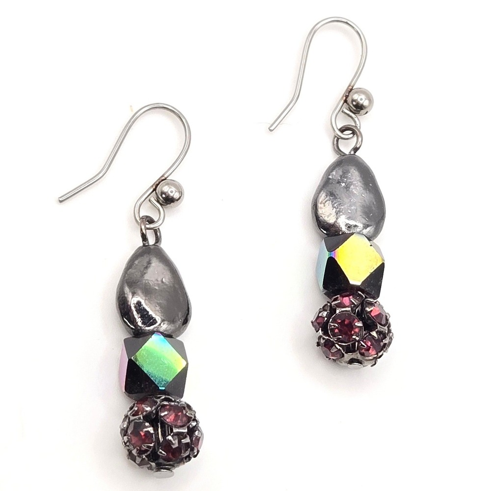 Gunmetal AB Iridescent Cube Red Pavé‎ Rhinestone and Hematite Dangle Earrings